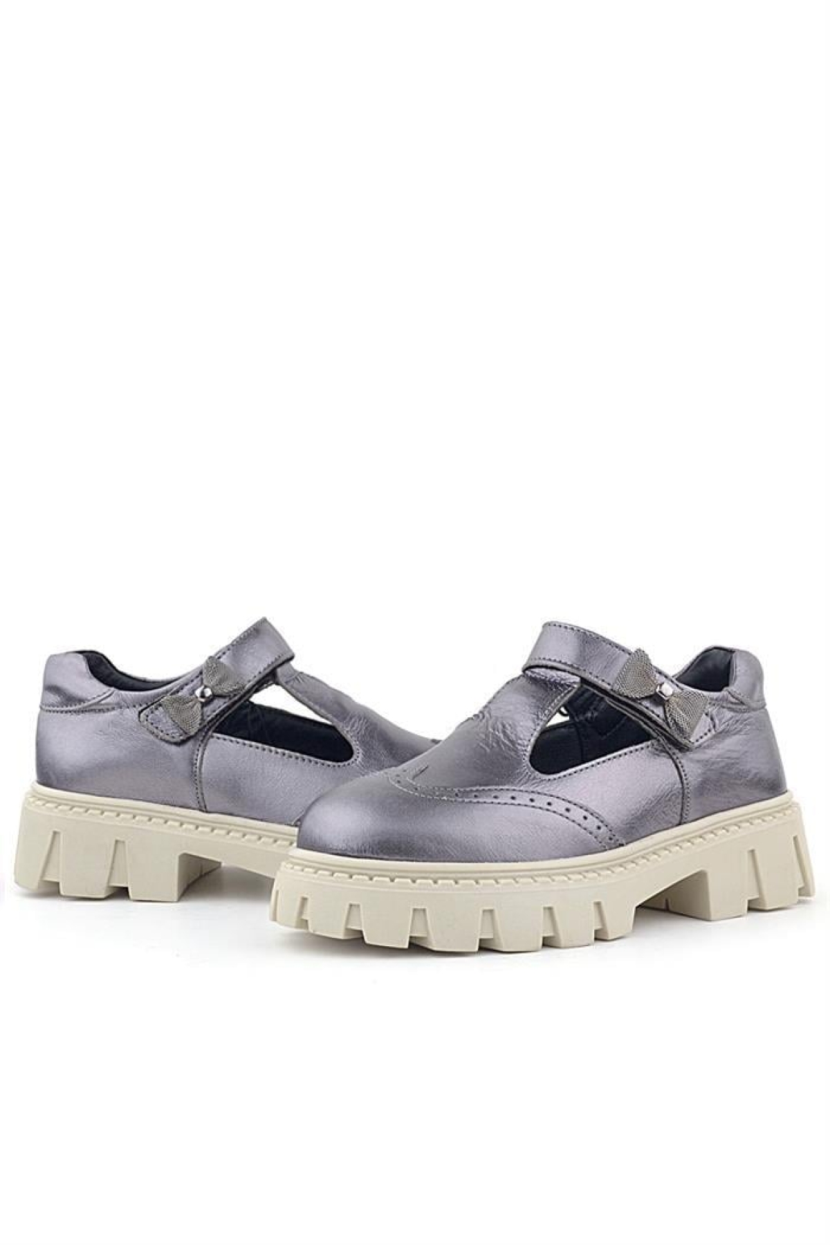 Hakiki Deri Platin Krem Tabanlı Cırtlı Kurdeleli Kız Çocuk Okul Ayakkabı - Görsel 7
