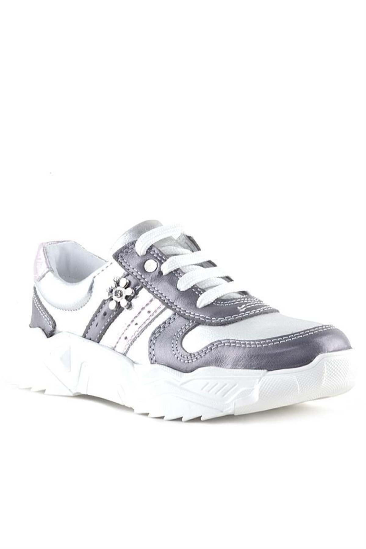 Hakiki Deri Platin Pembe Çiçek Metal Detaylı Kız Çocuk Spor Ayakkabı - Görsel 2