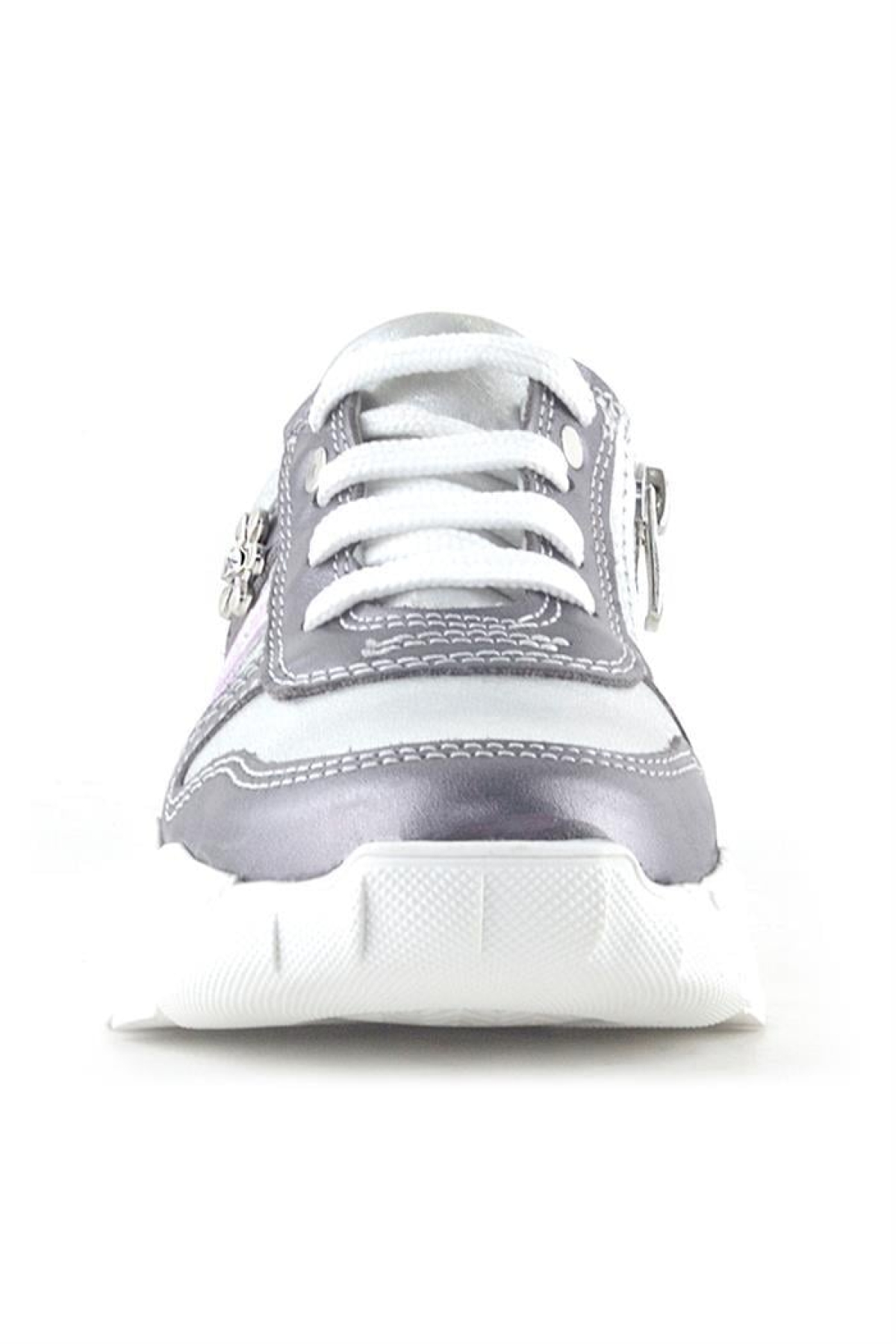 Hakiki Deri Platin Pembe Çiçek Metal Detaylı Kız Çocuk Spor Ayakkabı - Görsel 4