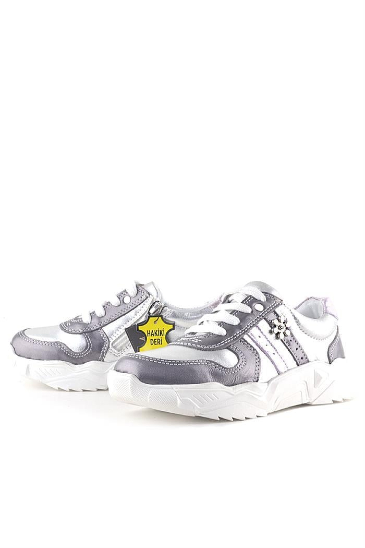 Hakiki Deri Platin Pembe Çiçek Metal Detaylı Kız Çocuk Spor Ayakkabı - Görsel 6