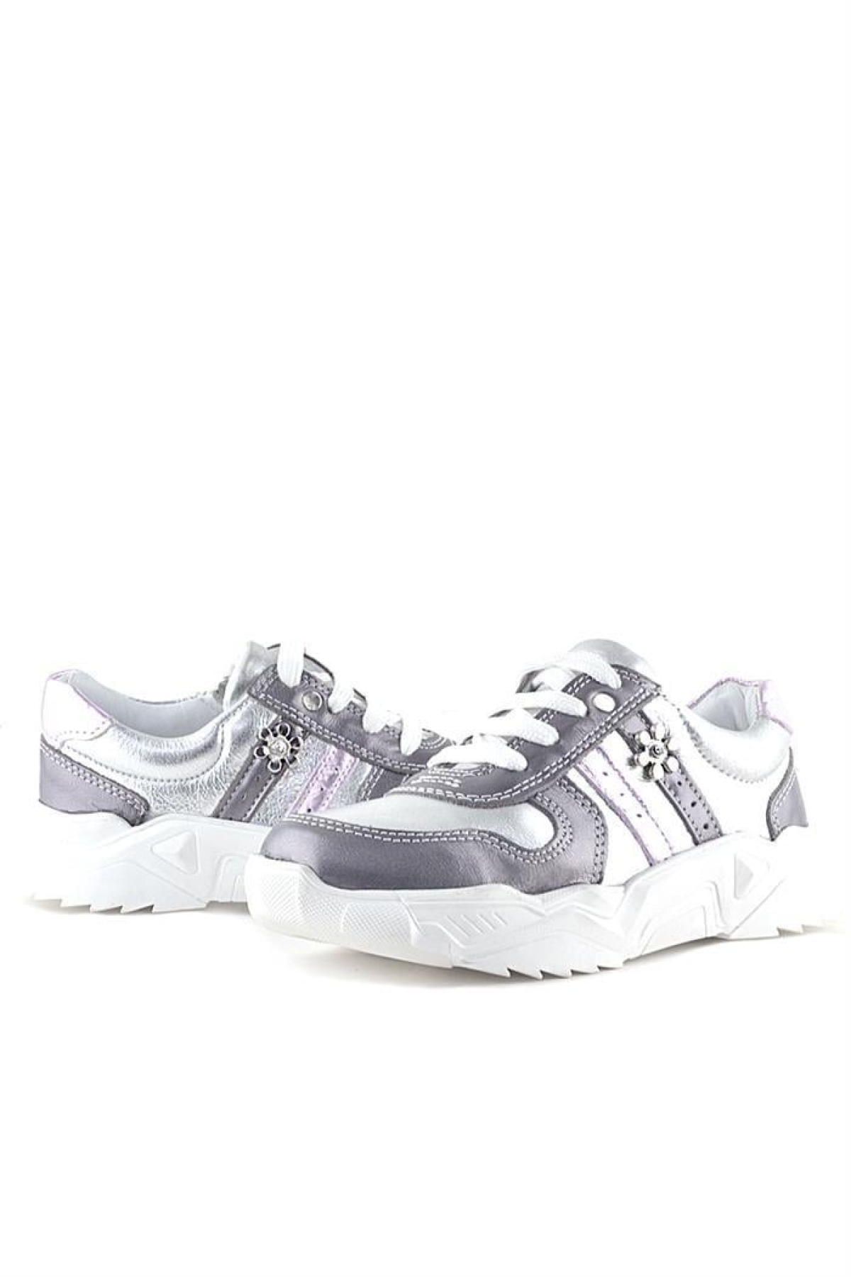 Hakiki Deri Platin Pembe Çiçek Metal Detaylı Kız Çocuk Spor Ayakkabı - Görsel 8