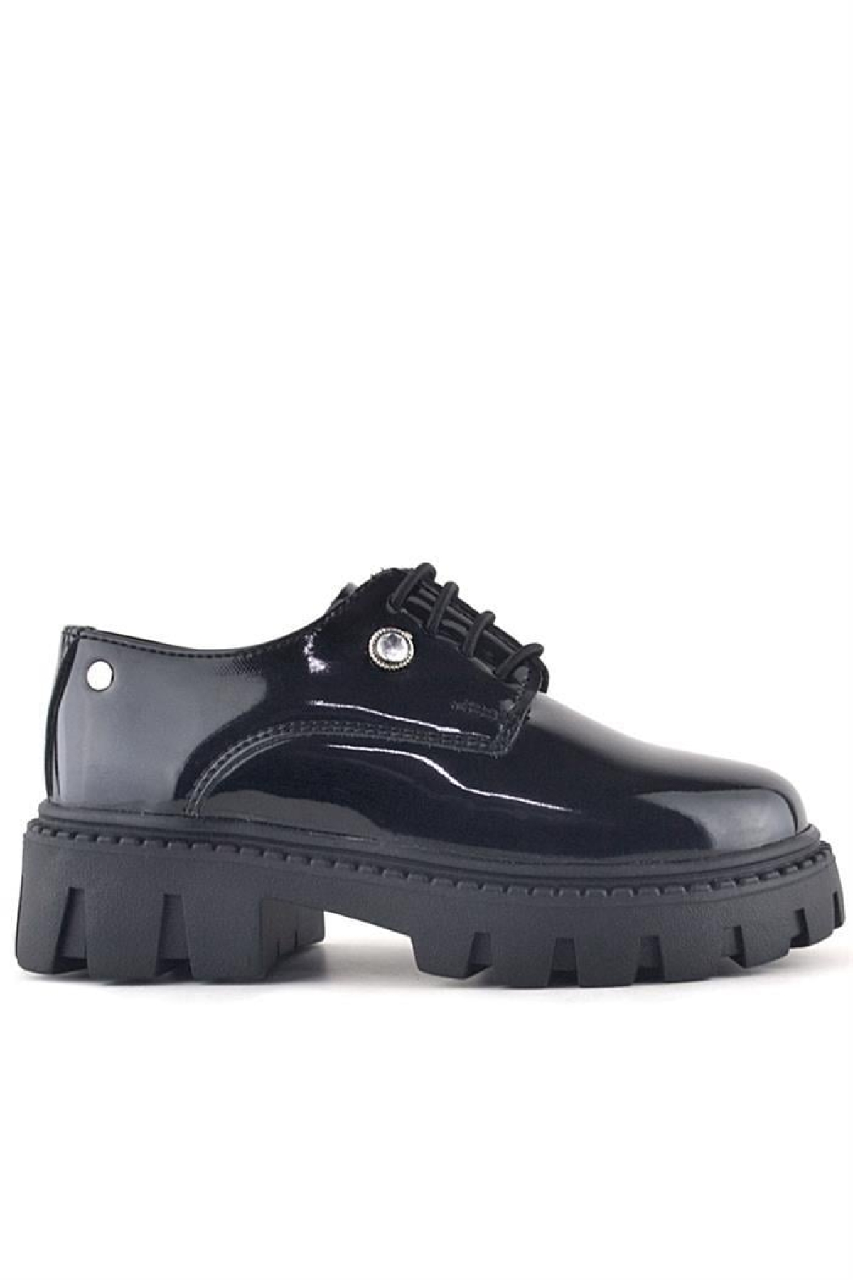Siyah Rugan Bağcıklı Kız Çocuk Taş Detaylı Okul Ayakkabı - Görsel 3