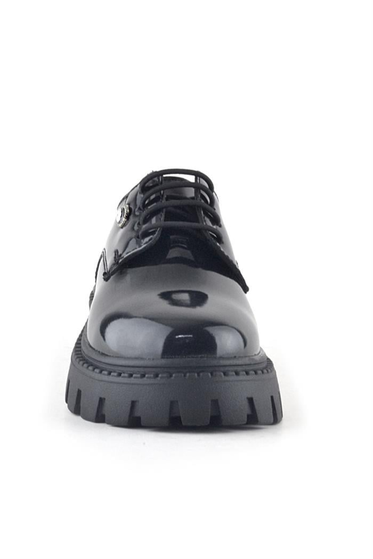 Siyah Rugan Bağcıklı Kız Çocuk Taş Detaylı Okul Ayakkabı - Görsel 4