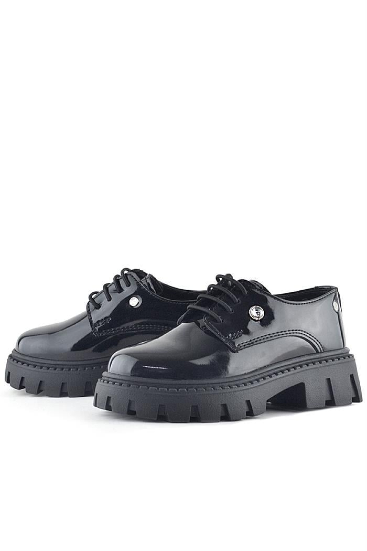 Siyah Rugan Bağcıklı Kız Çocuk Taş Detaylı Okul Ayakkabı - Görsel 7