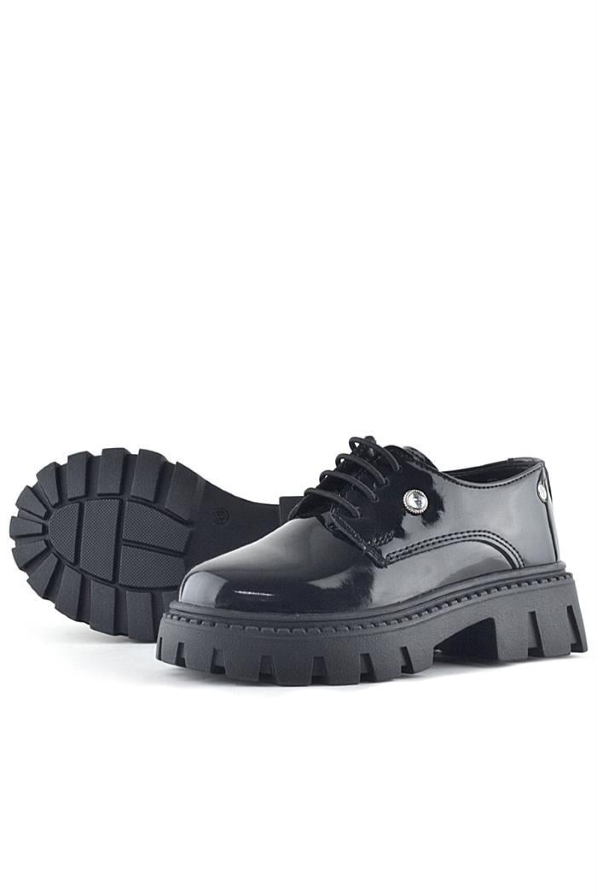 Siyah Rugan Bağcıklı Kız Çocuk Taş Detaylı Okul Ayakkabı - Görsel 8