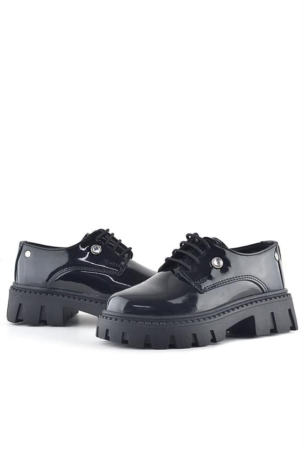 Siyah Rugan Bağcıklı Kız Çocuk Taş Detaylı Okul Ayakkabı - Görsel 9