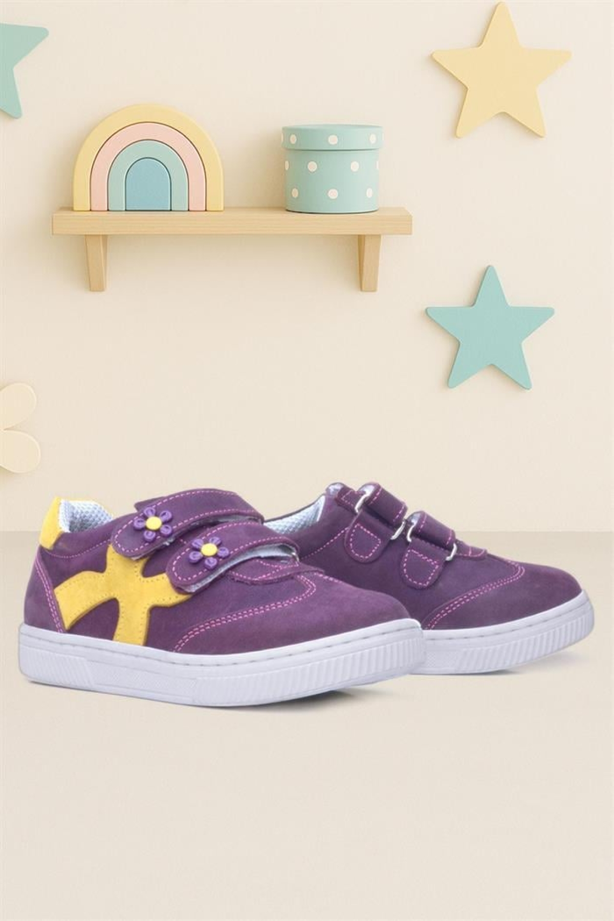 Hakiki Deri Mor Sarı Cırtlı Çiçek Detaylı Kız Çocuk Günlük Ayakkabı - Görsel 2