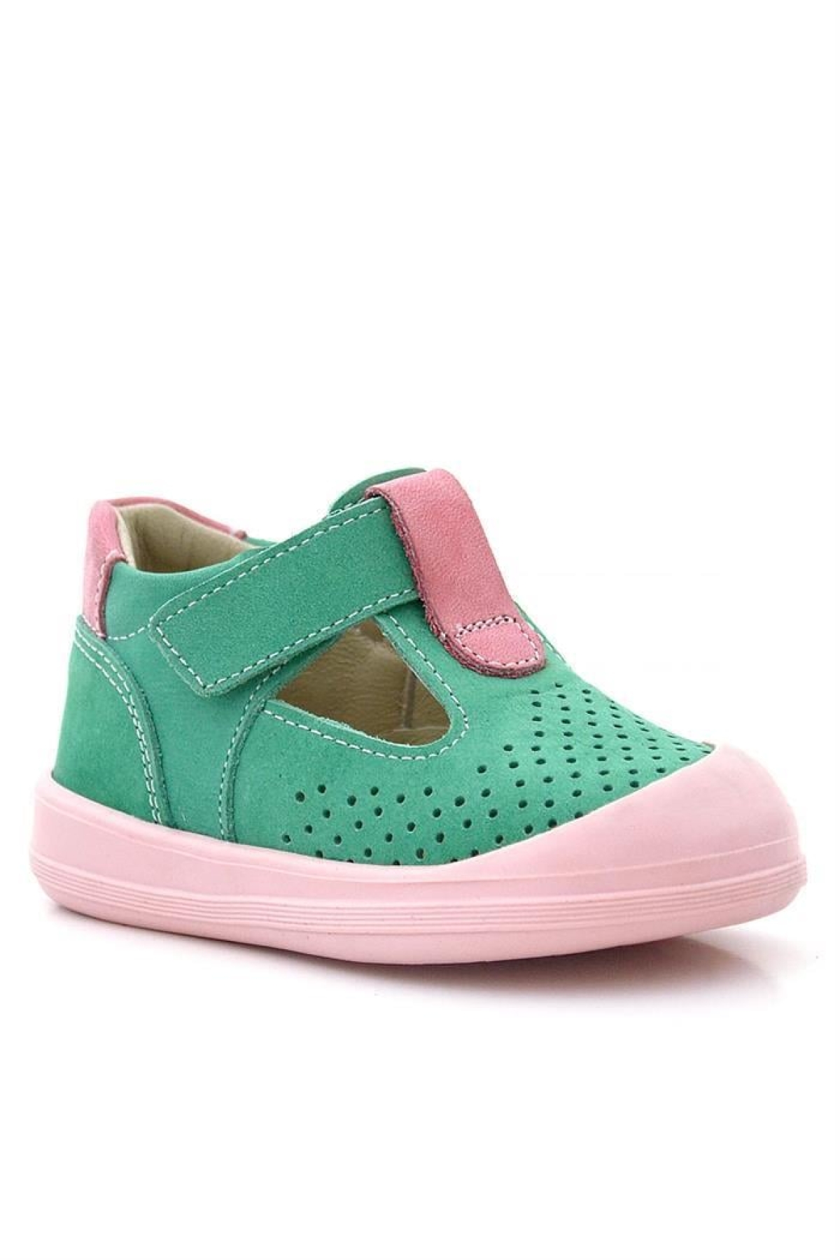Shaun Hakiki Deri Su Yeşili Pembe Cırtlı Anatomik Kız Bebek Sandalet - Görsel 2