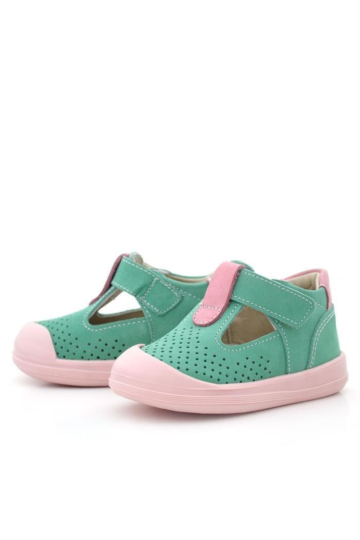 Shaun Hakiki Deri Su Yeşili Pembe Cırtlı Anatomik Kız Bebek Sandalet - Görsel 7