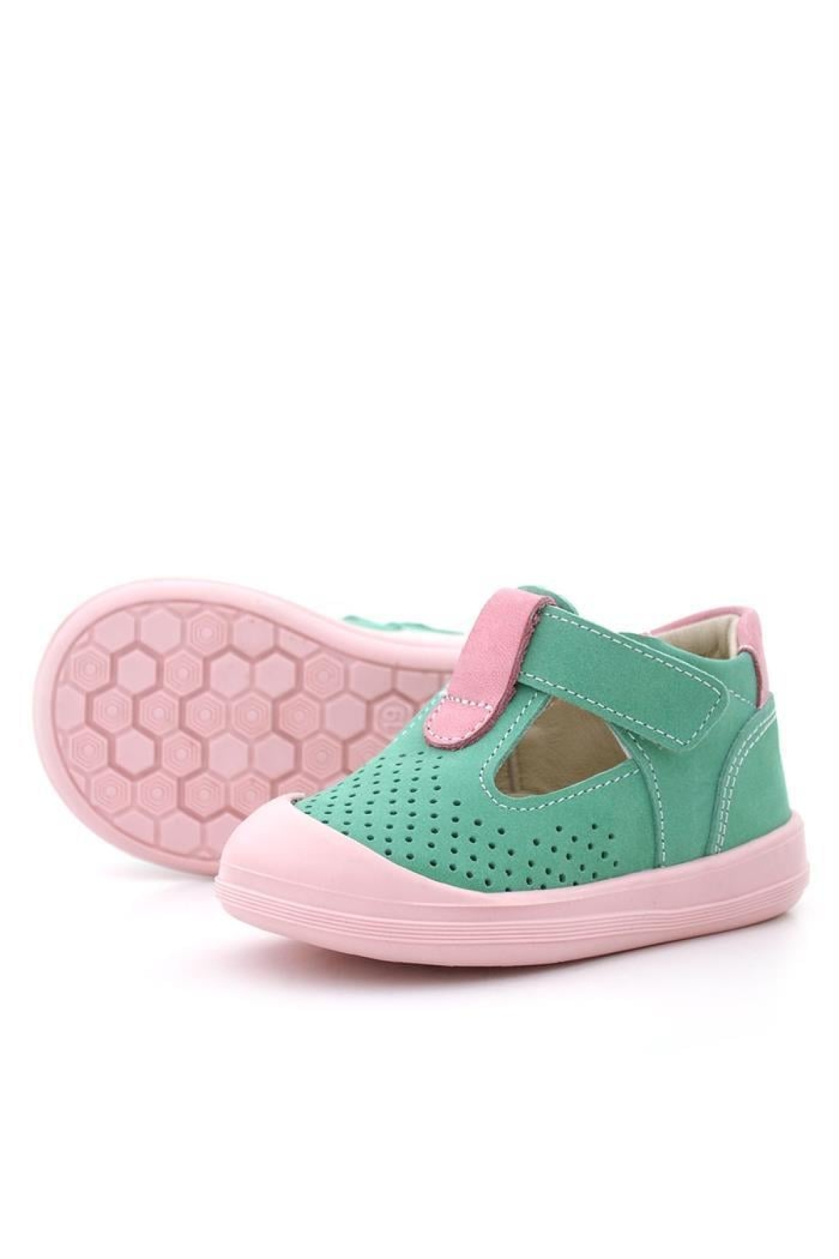 Shaun Hakiki Deri Su Yeşili Pembe Cırtlı Anatomik Kız Bebek Sandalet - Görsel 8