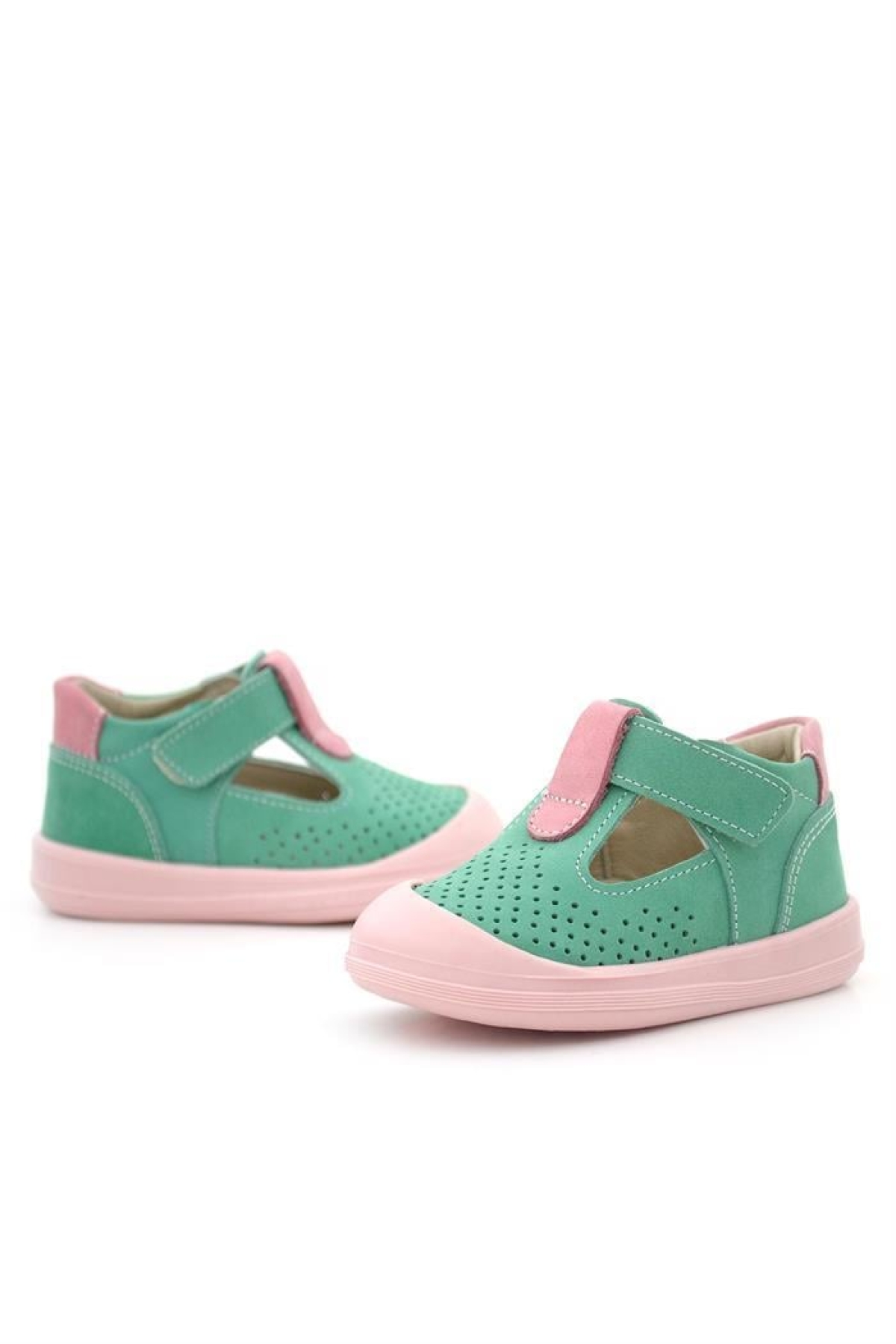Shaun Hakiki Deri Su Yeşili Pembe Cırtlı Anatomik Kız Bebek Sandalet - Görsel 9