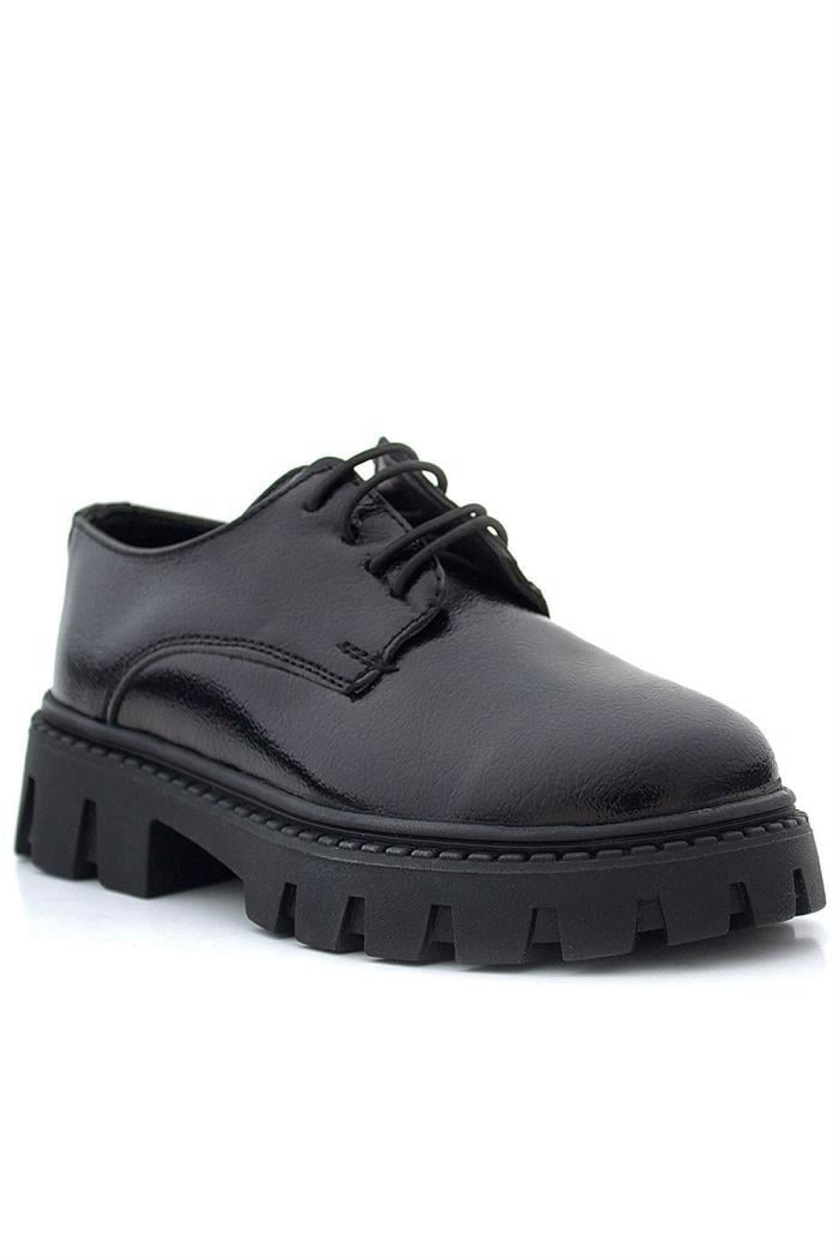 Siyah Kırışık Rugan Bağcıklı Kız Çocuk Oxford Okul Ayakkabı - Görsel 3