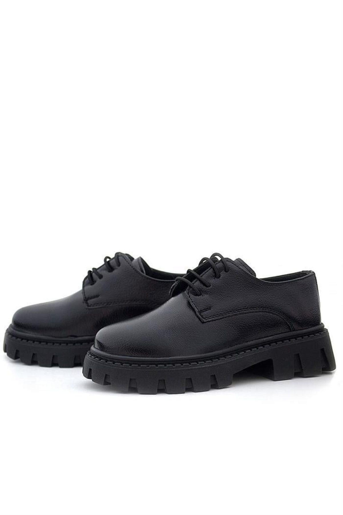 Siyah Kırışık Rugan Bağcıklı Kız Çocuk Oxford Okul Ayakkabı - Görsel 7