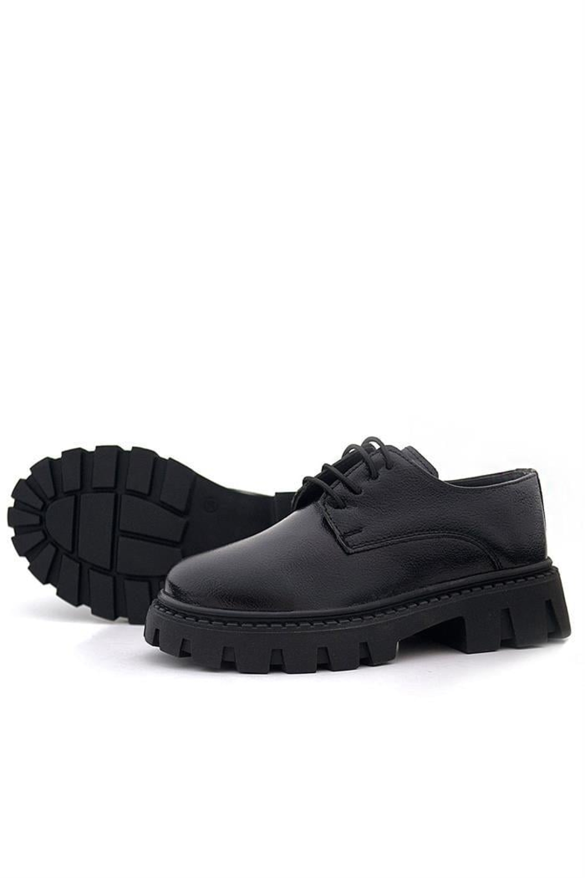 Siyah Kırışık Rugan Bağcıklı Kız Çocuk Oxford Okul Ayakkabı - Görsel 8