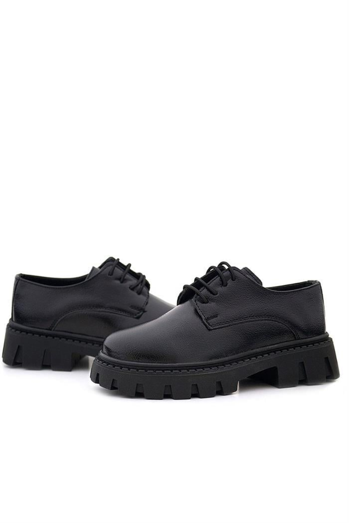 Siyah Kırışık Rugan Bağcıklı Kız Çocuk Oxford Okul Ayakkabı - Görsel 9