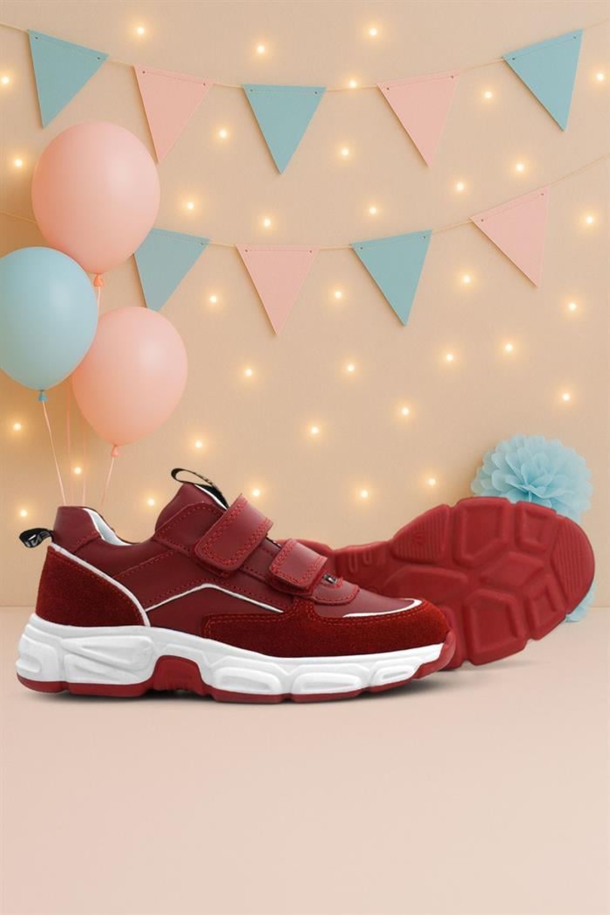 Hakiki Deri Kırmızı Çift Cırtlı Kız Çocuk Spor Ayakkabı - Görsel 3