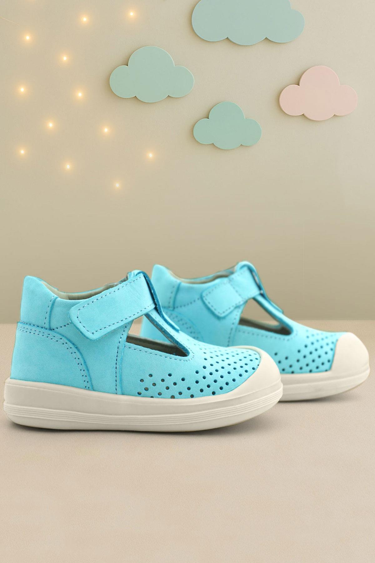 Shaun Hakiki Deri Mavi Beyaz Cırtlı Anatomik Bebek Sandalet - Görsel 2
