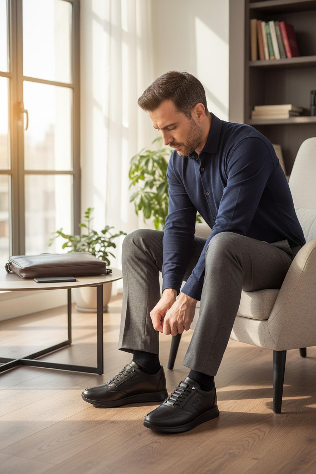 425M Ortopedik Taban Günlük Hakiki Deri Erkek Ayakkabı Casual Ayakkabı Lastik Bağcıklı - Görsel 2