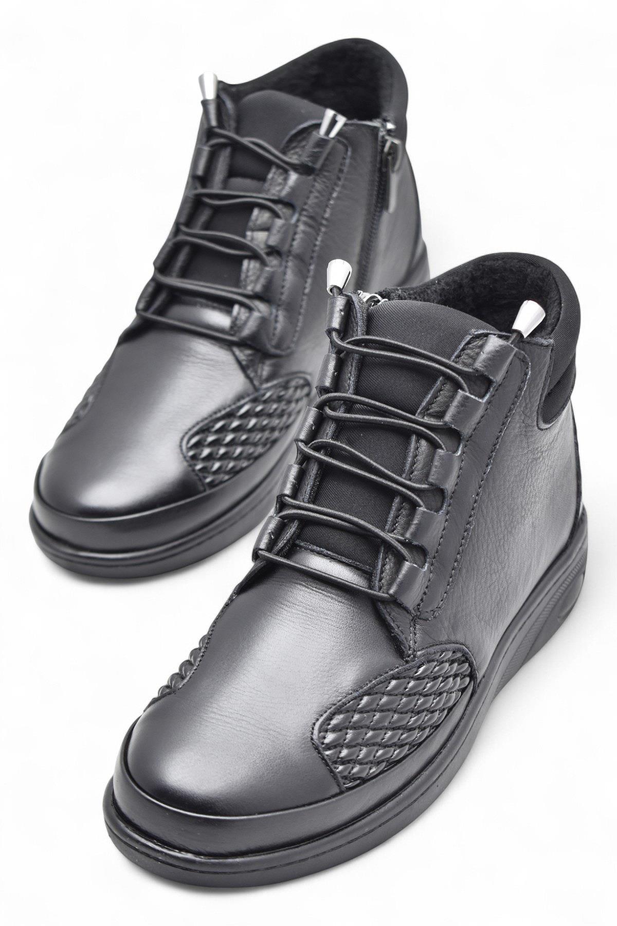 1454 Tam Ortopedik Siyah Hakiki Deri Kadın Bot Lastikli Fermuarlı Anne Kışlık Deri Bot - Görsel 3