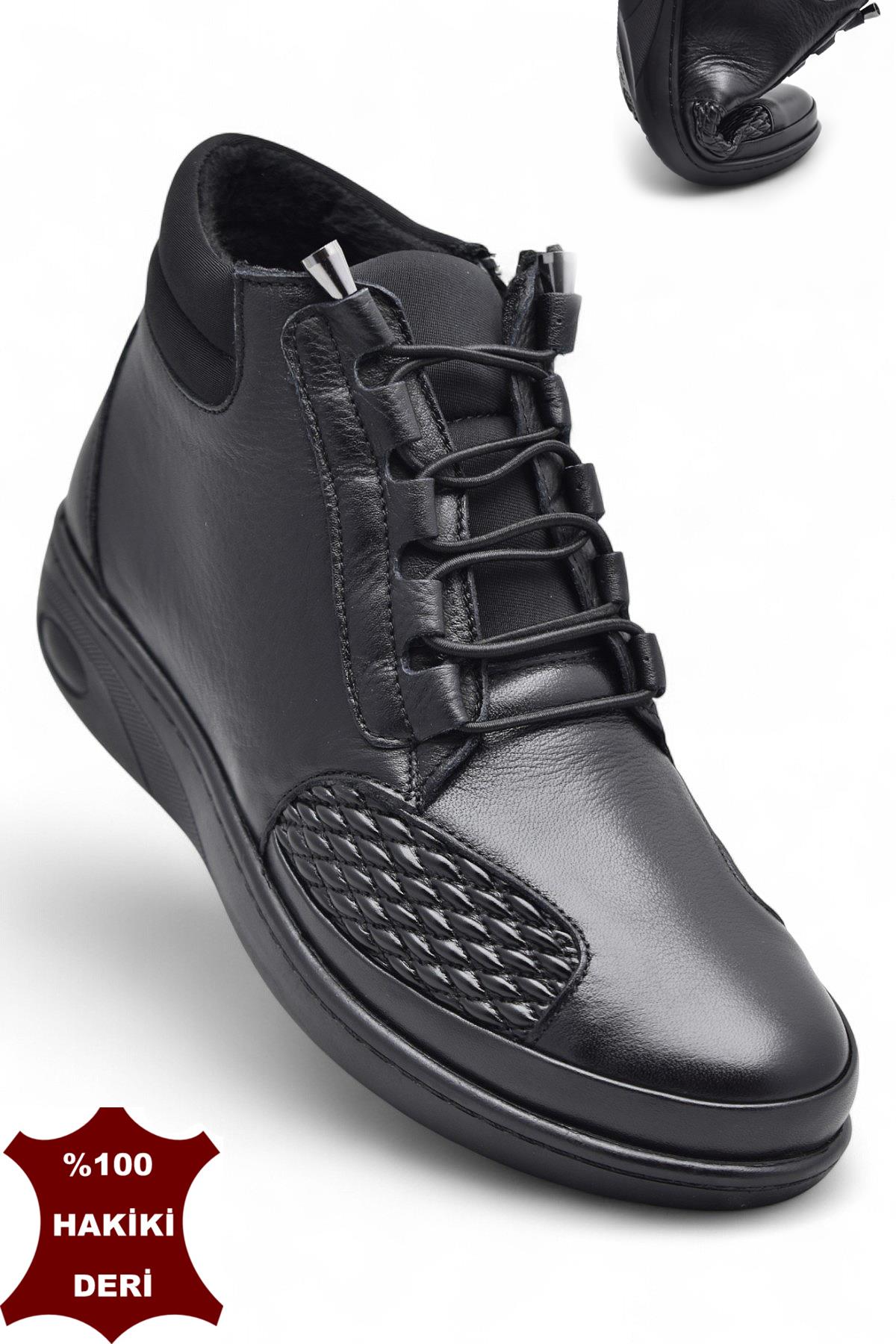 1454 Tam Ortopedik Siyah Hakiki Deri Kadın Bot Lastikli Fermuarlı Anne Kışlık Deri Bot - Görsel 4