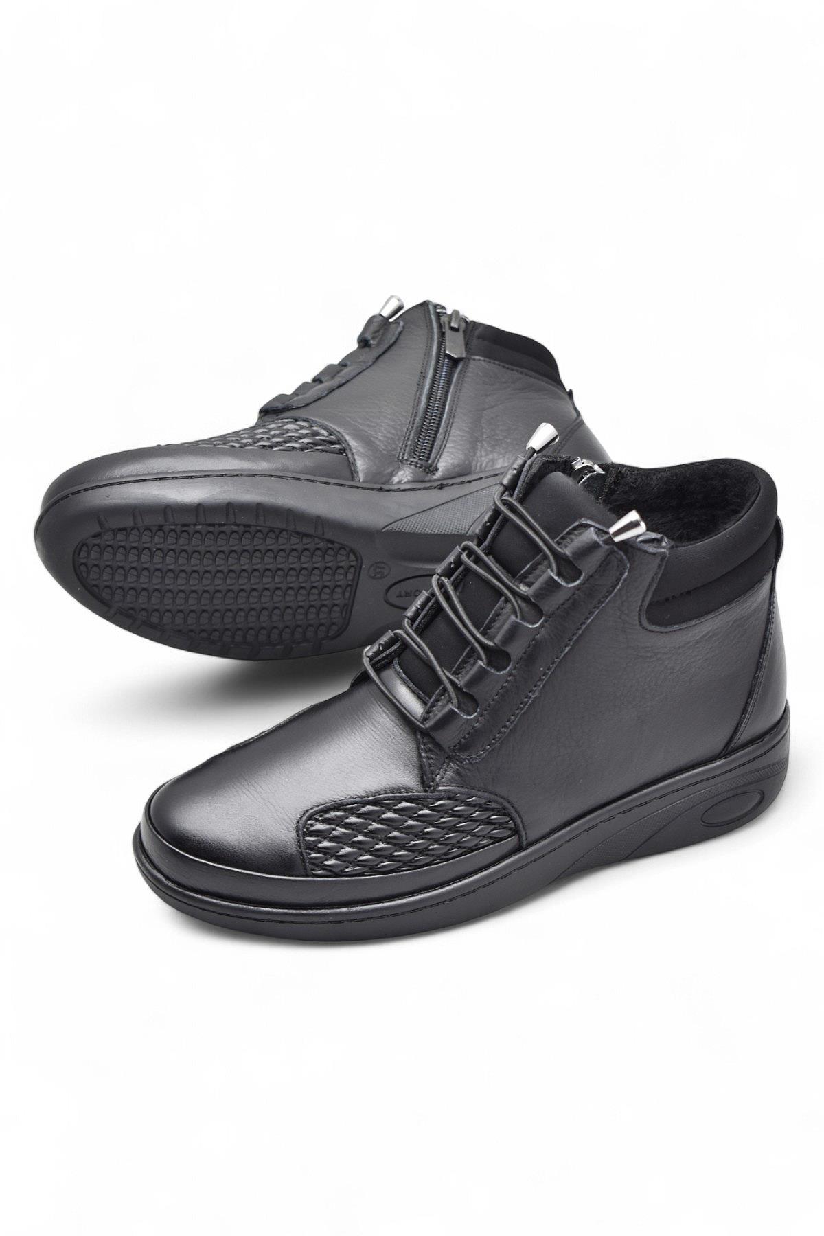 1454 Tam Ortopedik Siyah Hakiki Deri Kadın Bot Lastikli Fermuarlı Anne Kışlık Deri Bot - Görsel 5