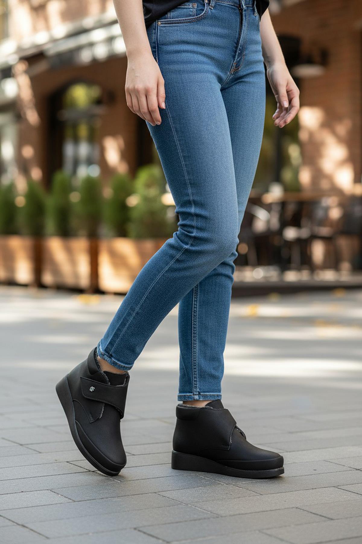 200ZMRT Ortopedik Taban İçi Kürklü Siyah Anne Botu Kadın Cırtlı Bot Ayakkabı - Görsel 9
