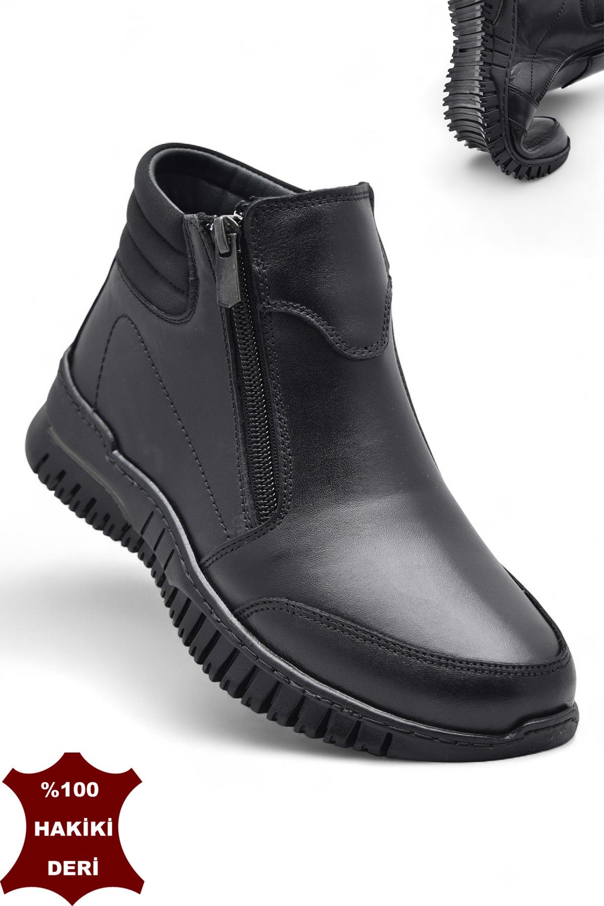 1456 Tam Ortopedik Siyah Hakiki Deri Kadın Bot Çift Fermuarlı Anne Kışlık Deri Bot - Görsel 4
