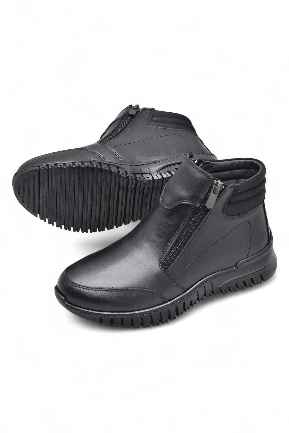 1456 Tam Ortopedik Siyah Hakiki Deri Kadın Bot Çift Fermuarlı Anne Kışlık Deri Bot - Görsel 5