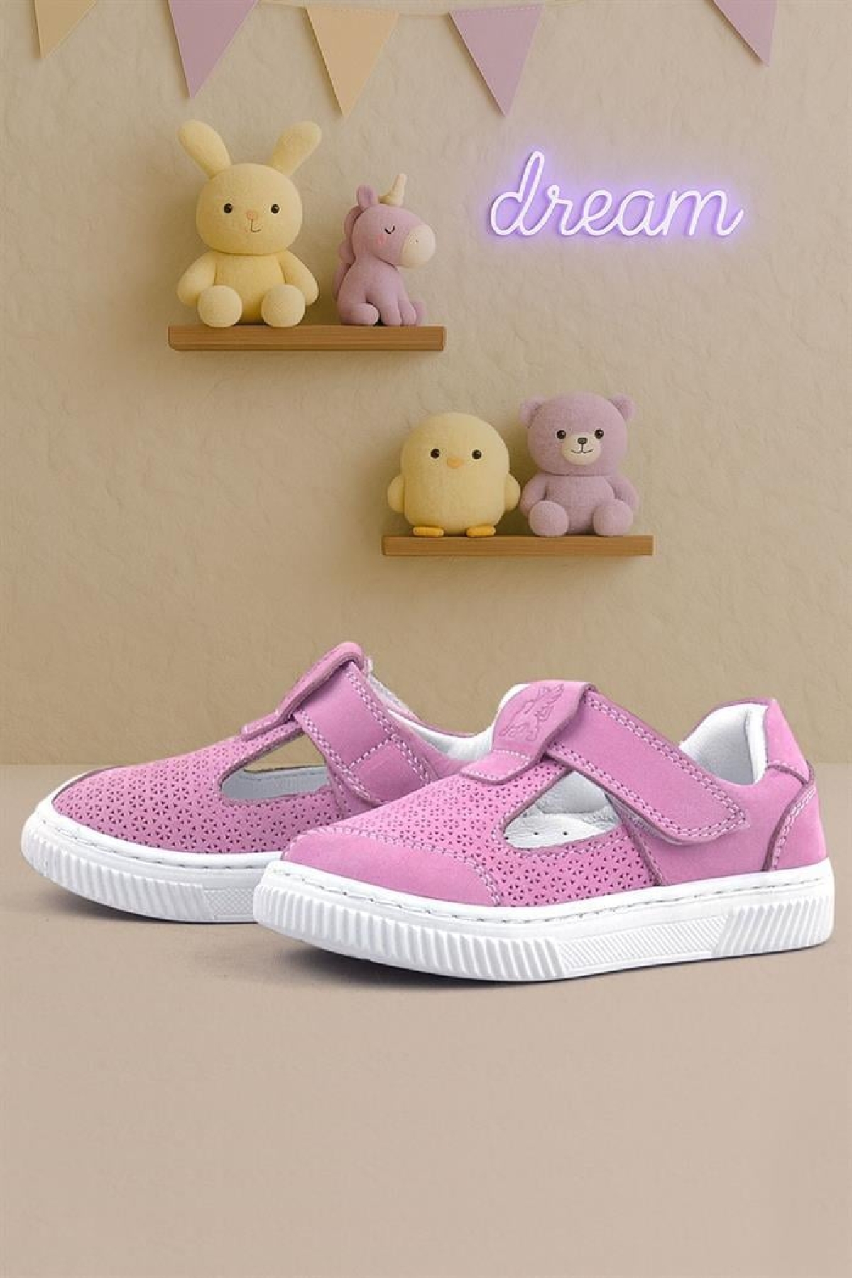 Bheem Hakiki Deri Pembe Cırtlı Bebek Sneaker Sandalet - Görsel 3