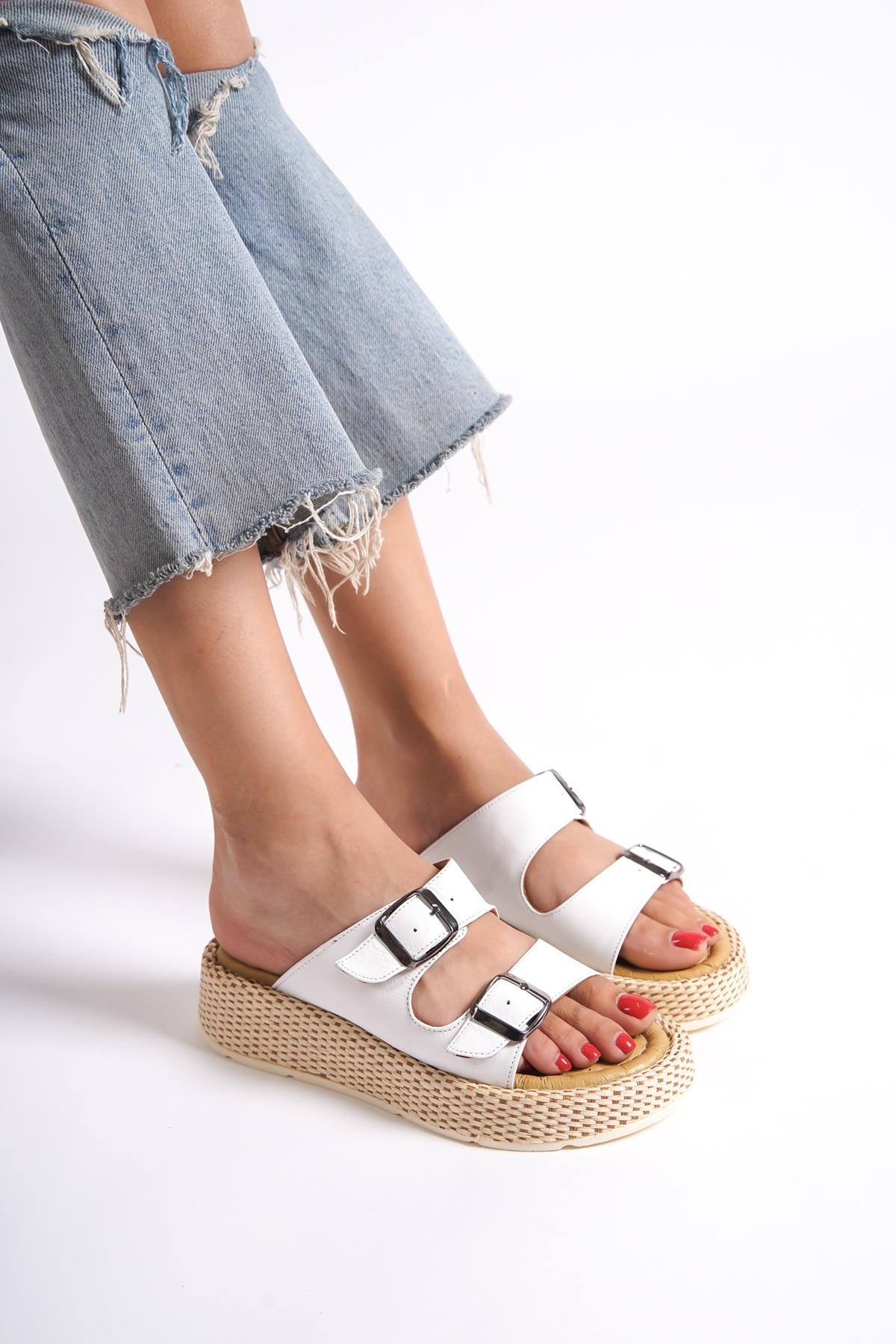 Marta Beyaz Hakiki Deri Çift Bantlı Kalın Taban Günlük Terlik - Görsel 2