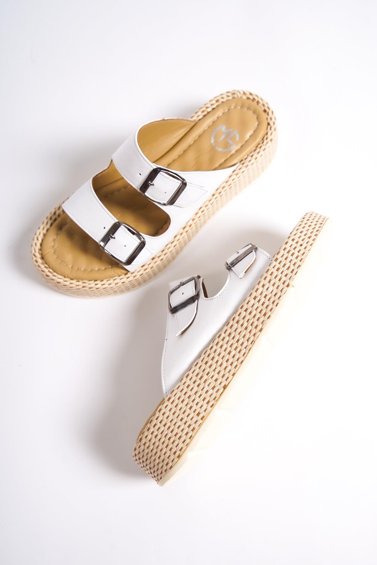 Marta Beyaz Hakiki Deri Çift Bantlı Kalın Taban Günlük Terlik - Görsel 3