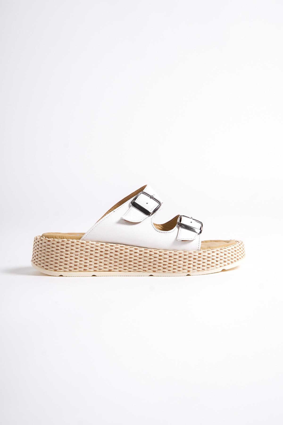 Marta Beyaz Hakiki Deri Çift Bantlı Kalın Taban Günlük Terlik - Görsel 5