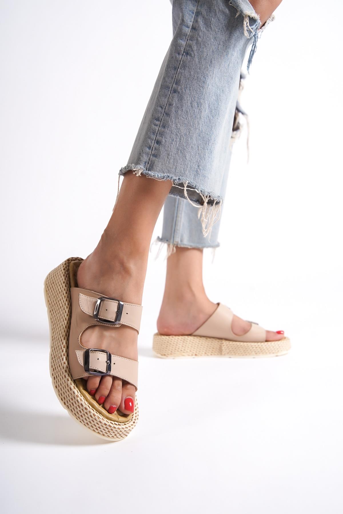 Marta Ten Rengi Hakiki Deri Çift Bantlı Kalın Taban Günlük Terlik - Görsel 2