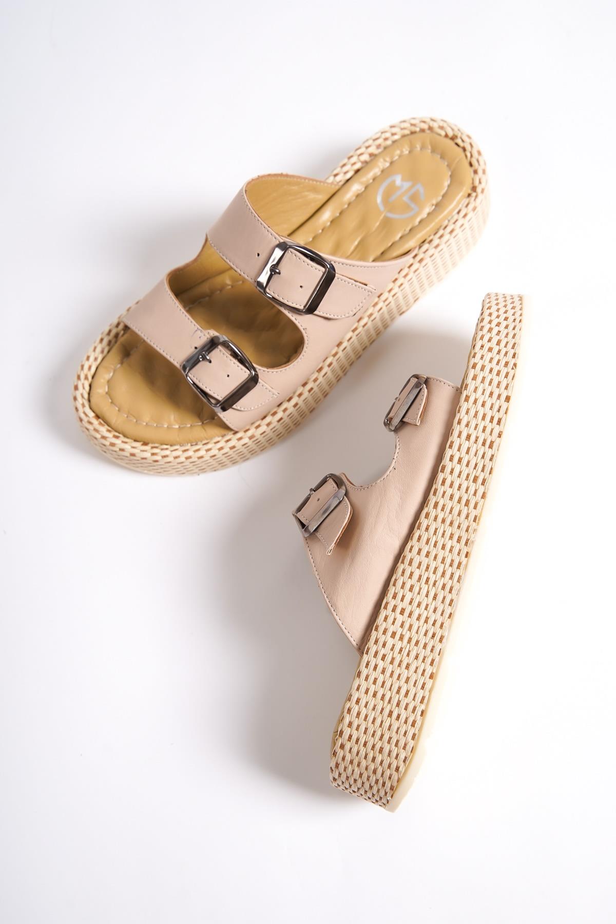 Marta Ten Rengi Hakiki Deri Çift Bantlı Kalın Taban Günlük Terlik - Görsel 3