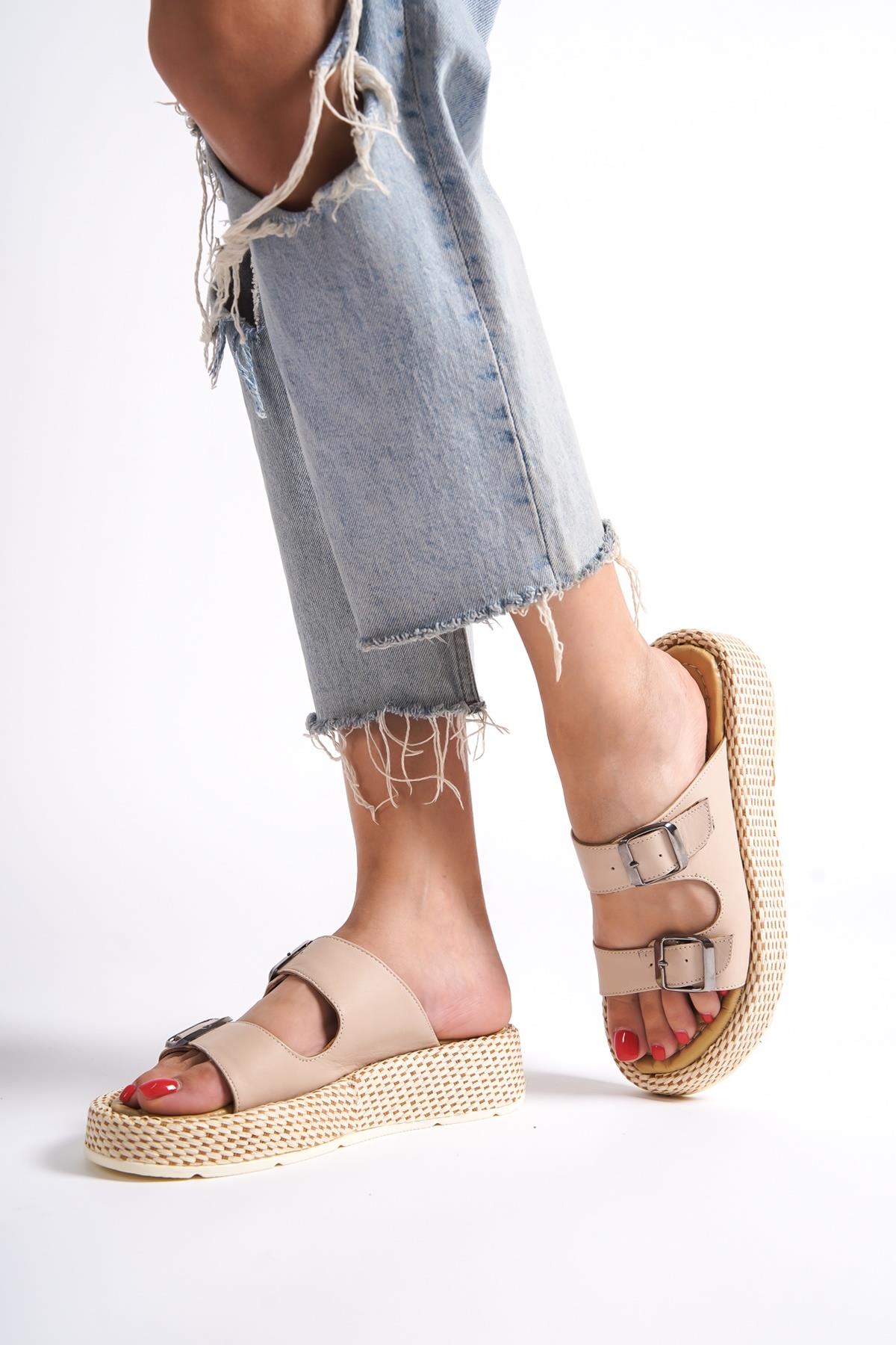 Marta Ten Rengi Hakiki Deri Çift Bantlı Kalın Taban Günlük Terlik - Görsel 4