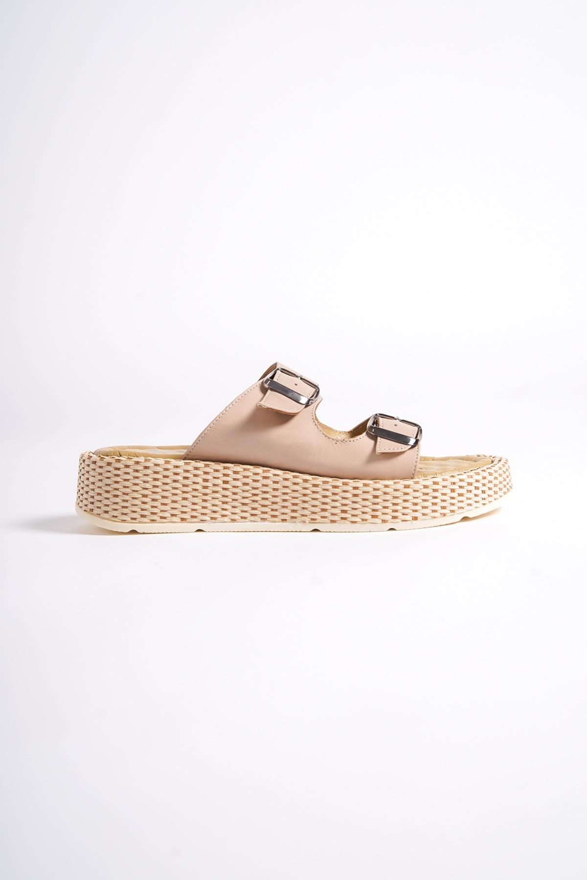 Marta Ten Rengi Hakiki Deri Çift Bantlı Kalın Taban Günlük Terlik - Görsel 5