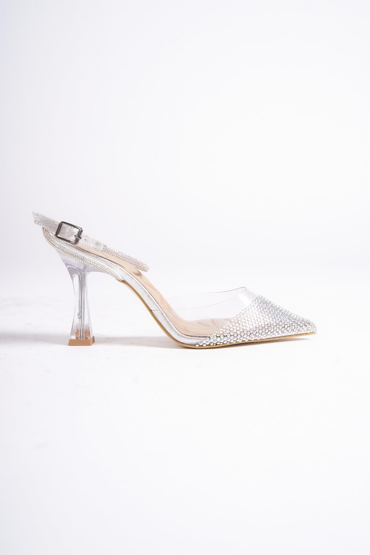 Vilnus Gümüş Taşlı Şeffaf Topuklu Stiletto Abiye Ayakkabı - Görsel 3