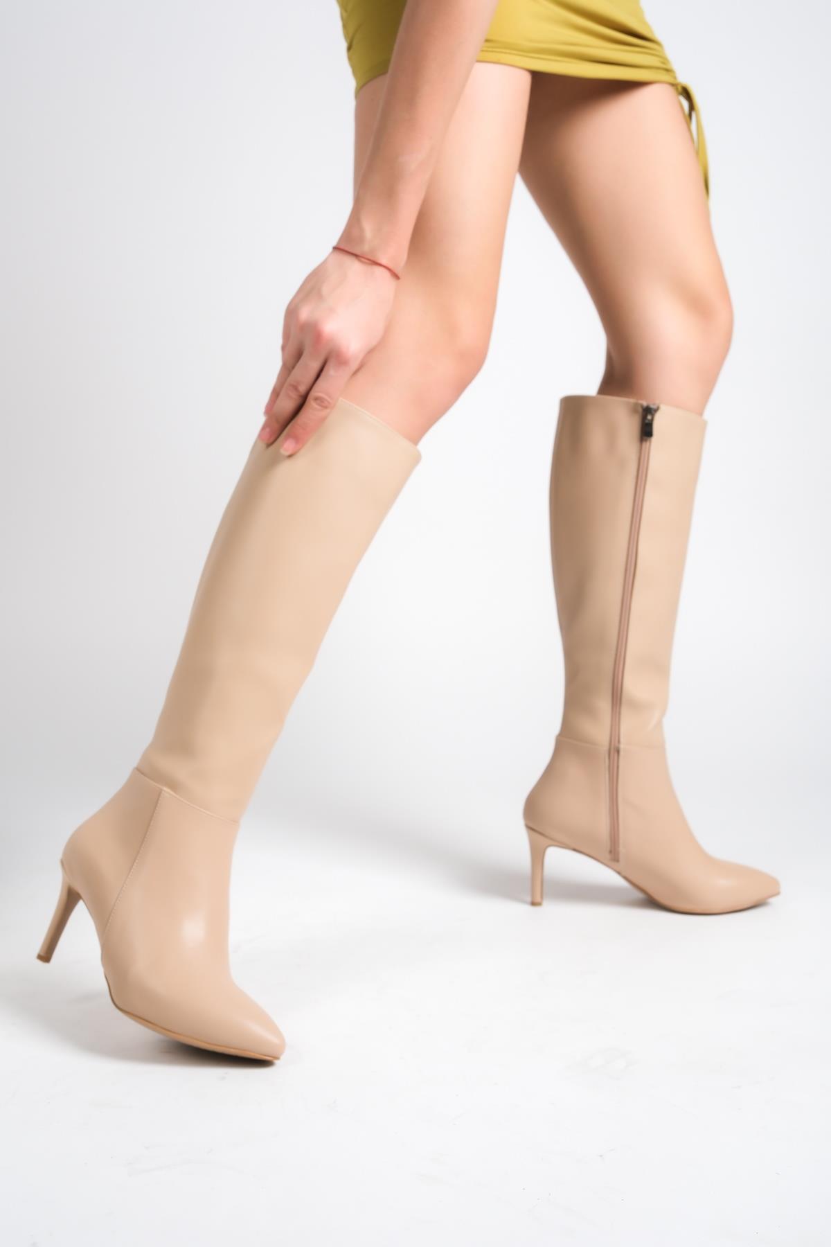İlibri Ten Mat İnce Topuklu Klasik Çizme - Görsel 4