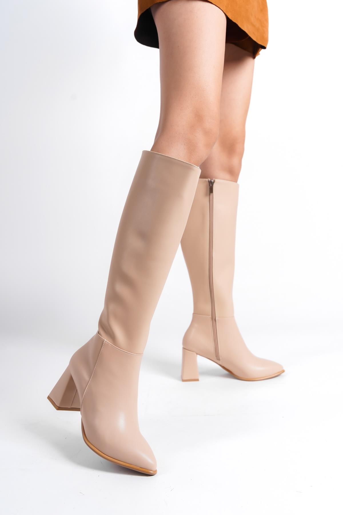 Kalibri Ten Mat Kalın Topuklu Günlük Klasik Çizme - Görsel 3
