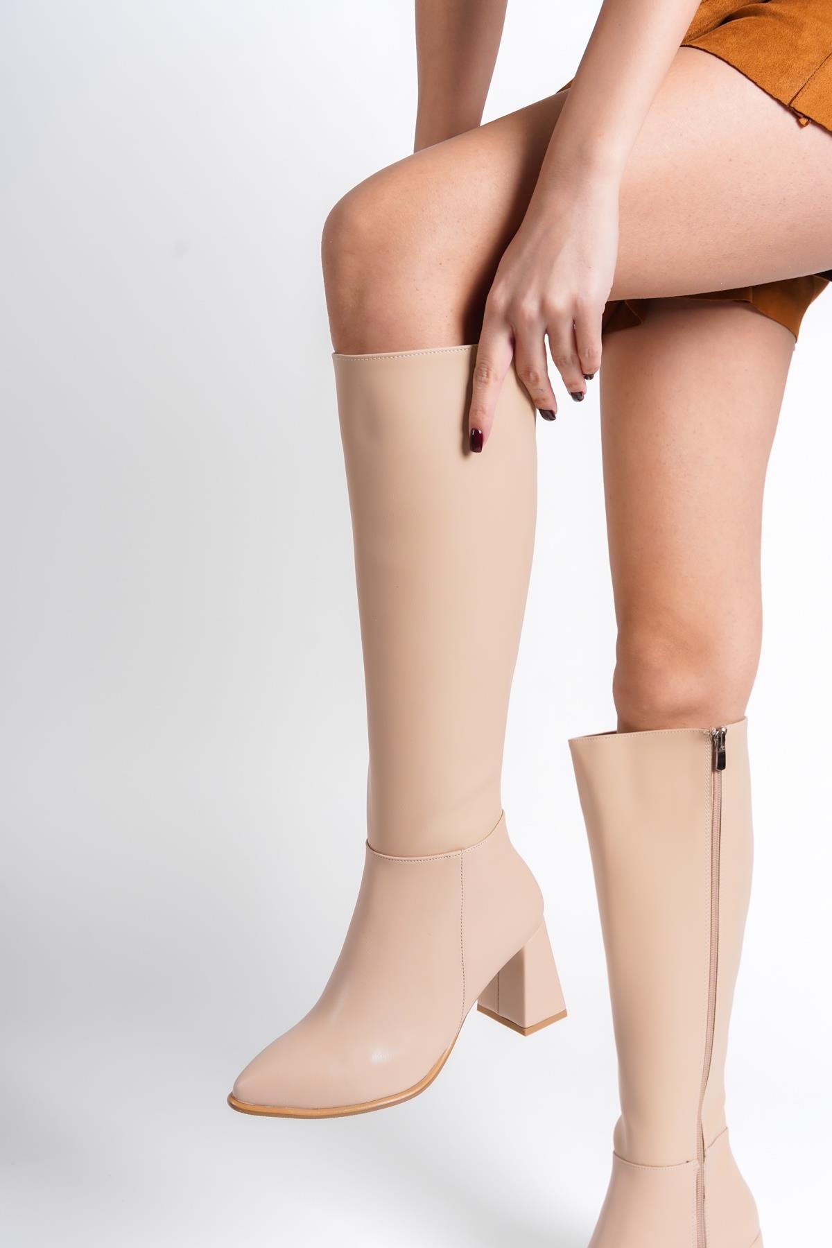 Kalibri Ten Mat Kalın Topuklu Günlük Klasik Çizme - Görsel 4