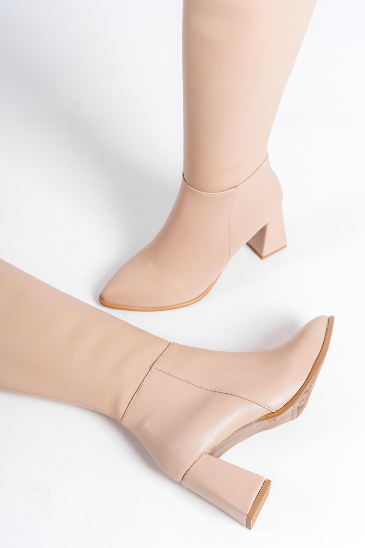 Kalibri Ten Mat Kalın Topuklu Günlük Klasik Çizme - Görsel 5