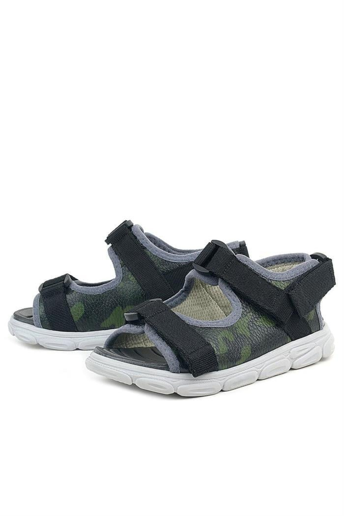 Hakiki Deri Yeşil Kamuflaj Desenli Siyah Çocuk Sandalet - Görsel 5