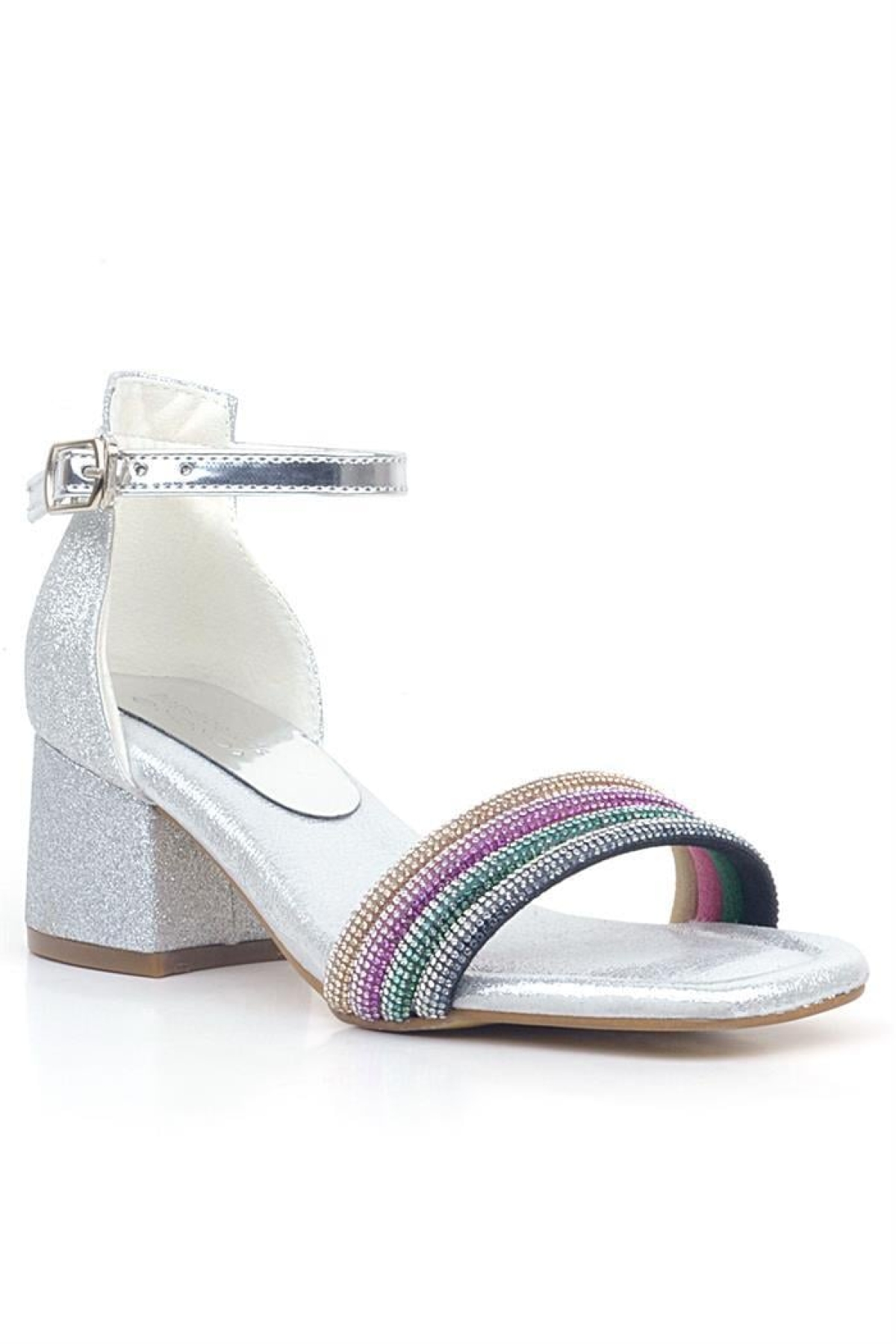 Tiara Renkli Taşlı Gümüş Kız Çocuk Abiye Topuklu Ayakkabı - Görsel 2