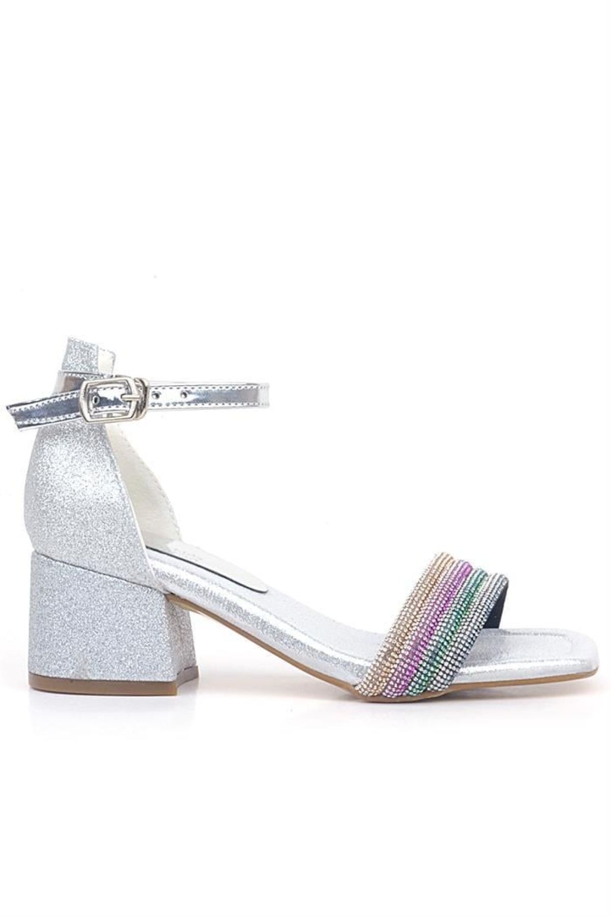 Tiara Renkli Taşlı Gümüş Kız Çocuk Abiye Topuklu Ayakkabı - Görsel 3