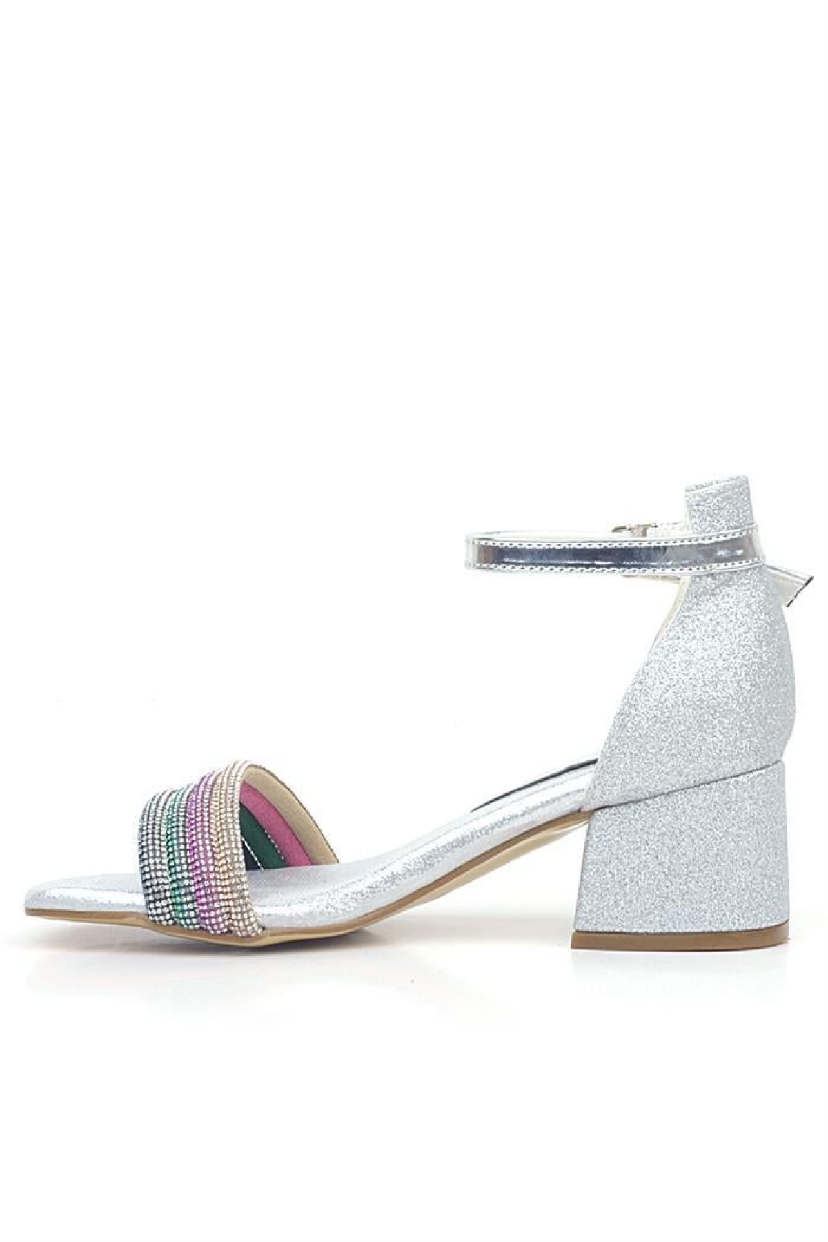 Tiara Renkli Taşlı Gümüş Kız Çocuk Abiye Topuklu Ayakkabı - Görsel 4