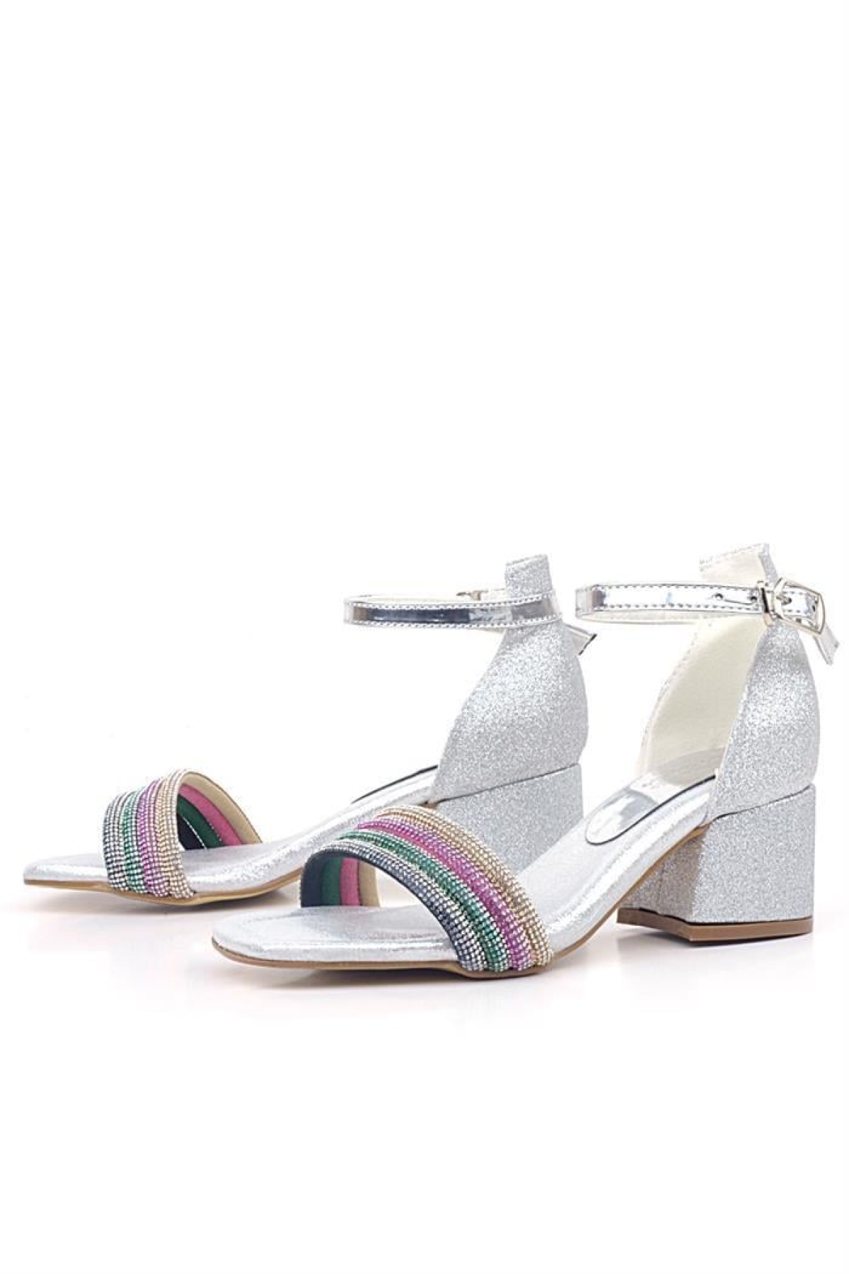 Tiara Renkli Taşlı Gümüş Kız Çocuk Abiye Topuklu Ayakkabı - Görsel 5