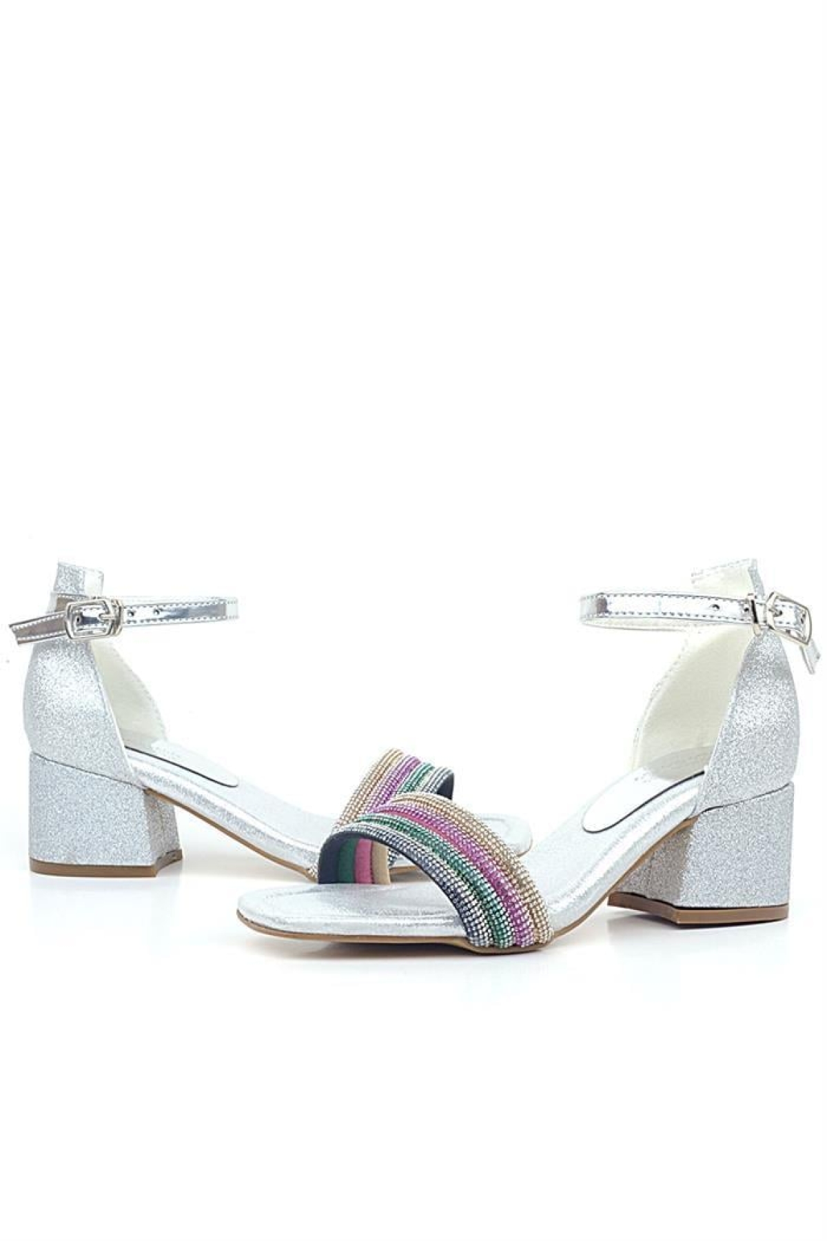 Tiara Renkli Taşlı Gümüş Kız Çocuk Abiye Topuklu Ayakkabı - Görsel 7