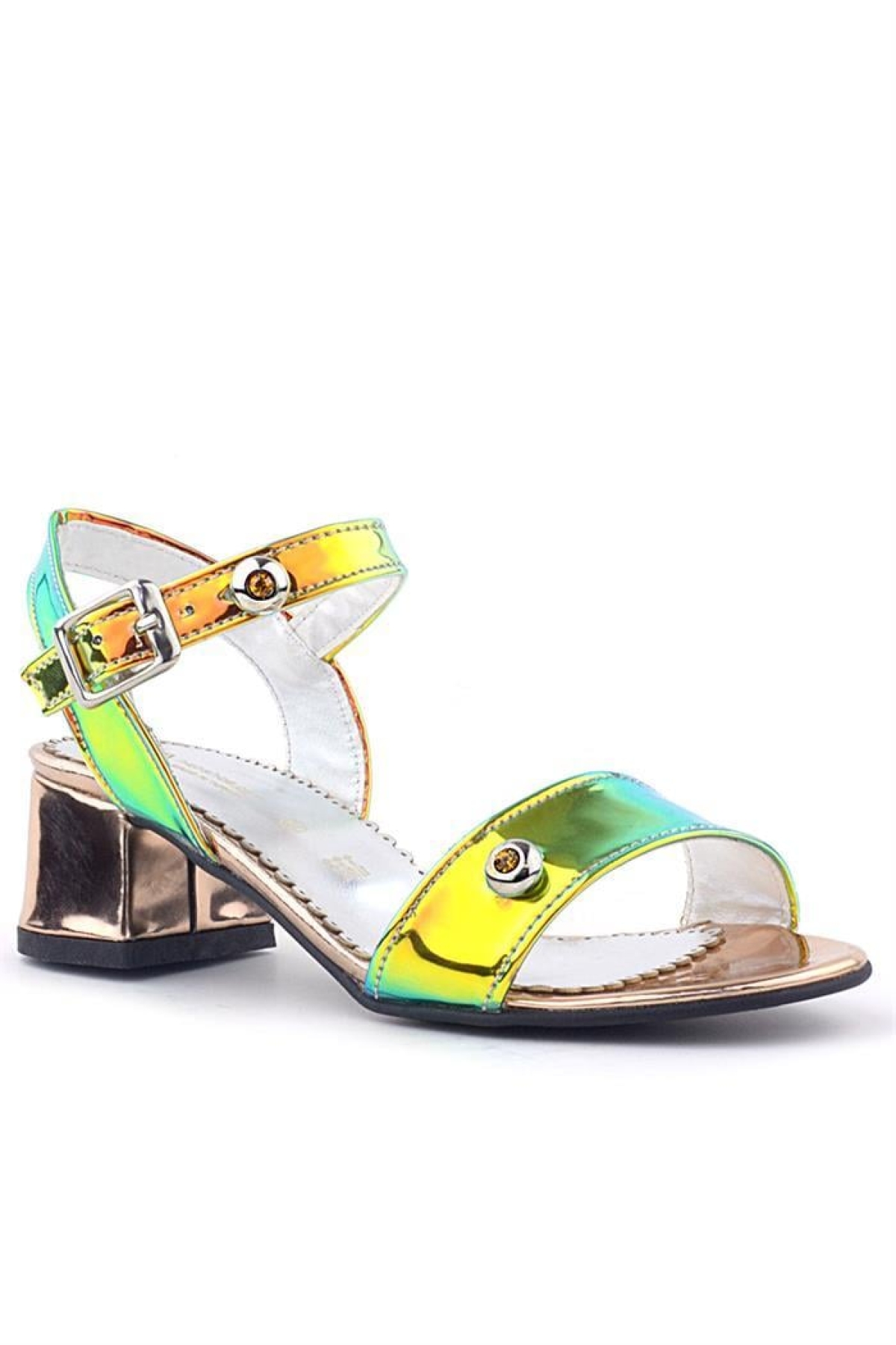 Pony Hologram Bakır Yeşil Kalın Topuklu Kız Çocuk Taş Detaylı Abiye Ayakkabı - Görsel 2