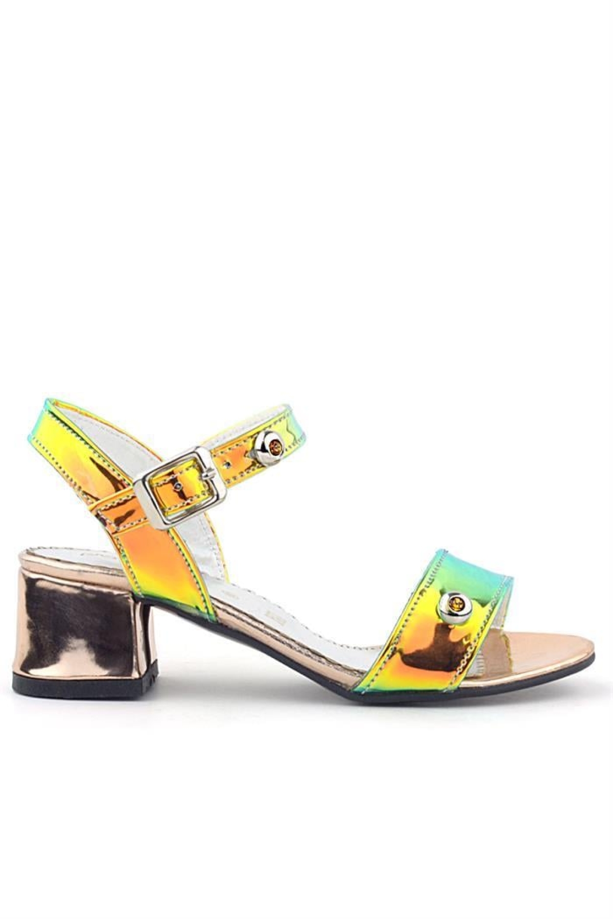 Pony Hologram Bakır Yeşil Kalın Topuklu Kız Çocuk Taş Detaylı Abiye Ayakkabı - Görsel 3