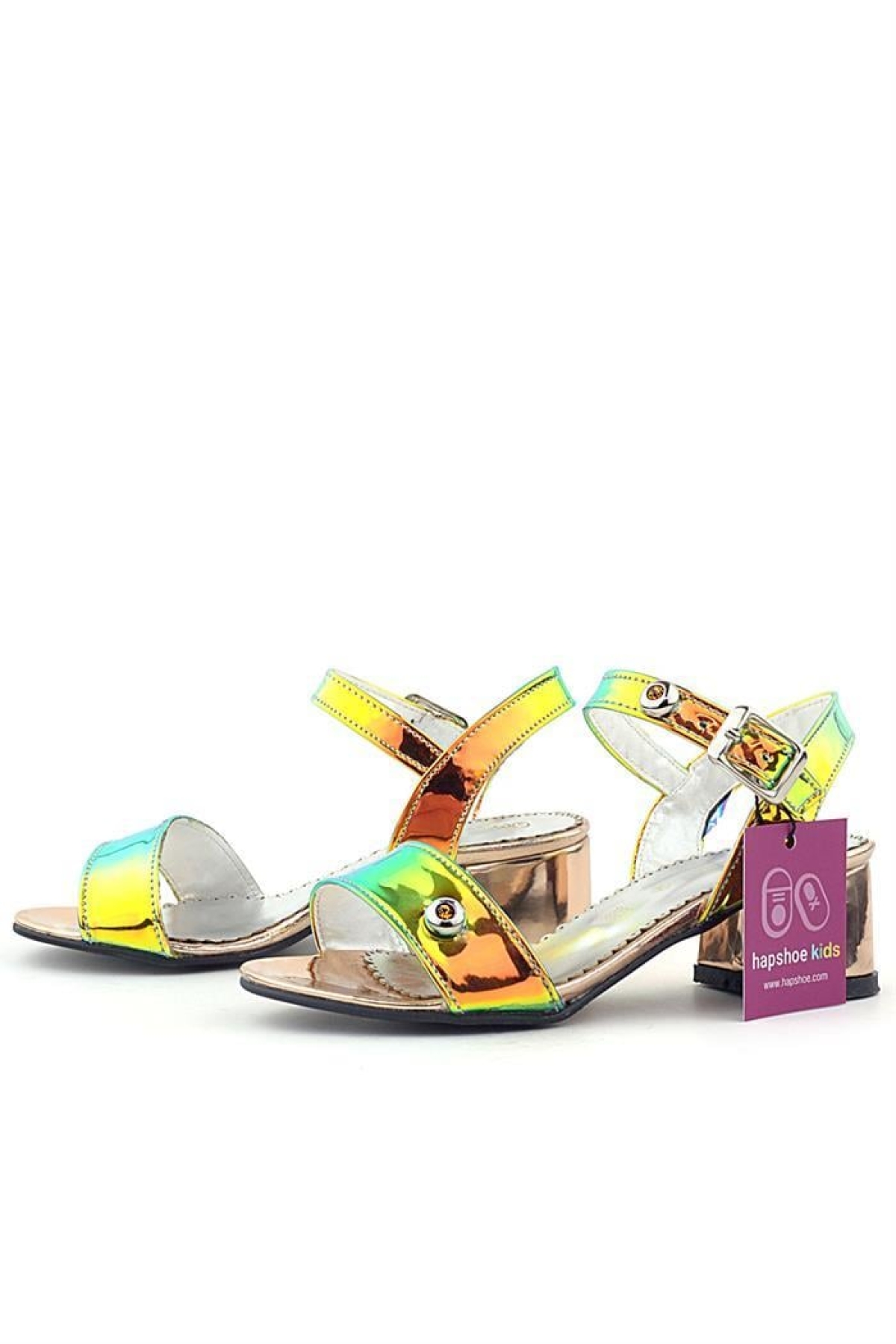 Pony Hologram Bakır Yeşil Kalın Topuklu Kız Çocuk Taş Detaylı Abiye Ayakkabı - Görsel 5